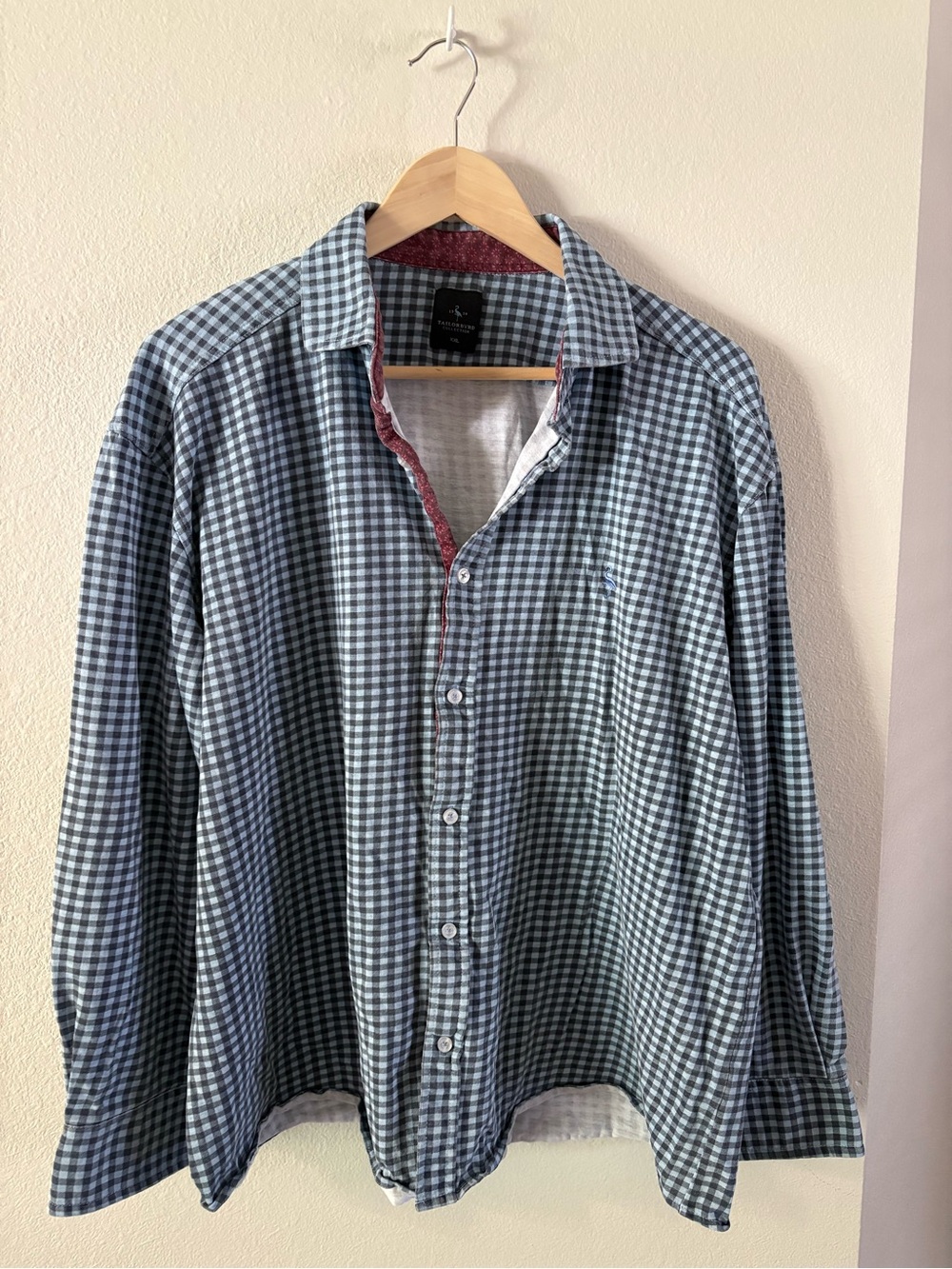 Tailorbyrd Blue and White Gingham Casual Cotton Button-Down Shirt XXL